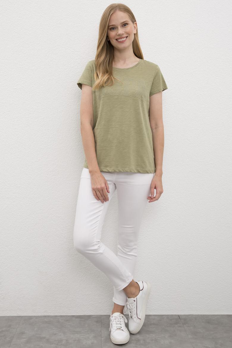 Kadın Haki Bisiklet Yaka T-Shirt - 50219882055