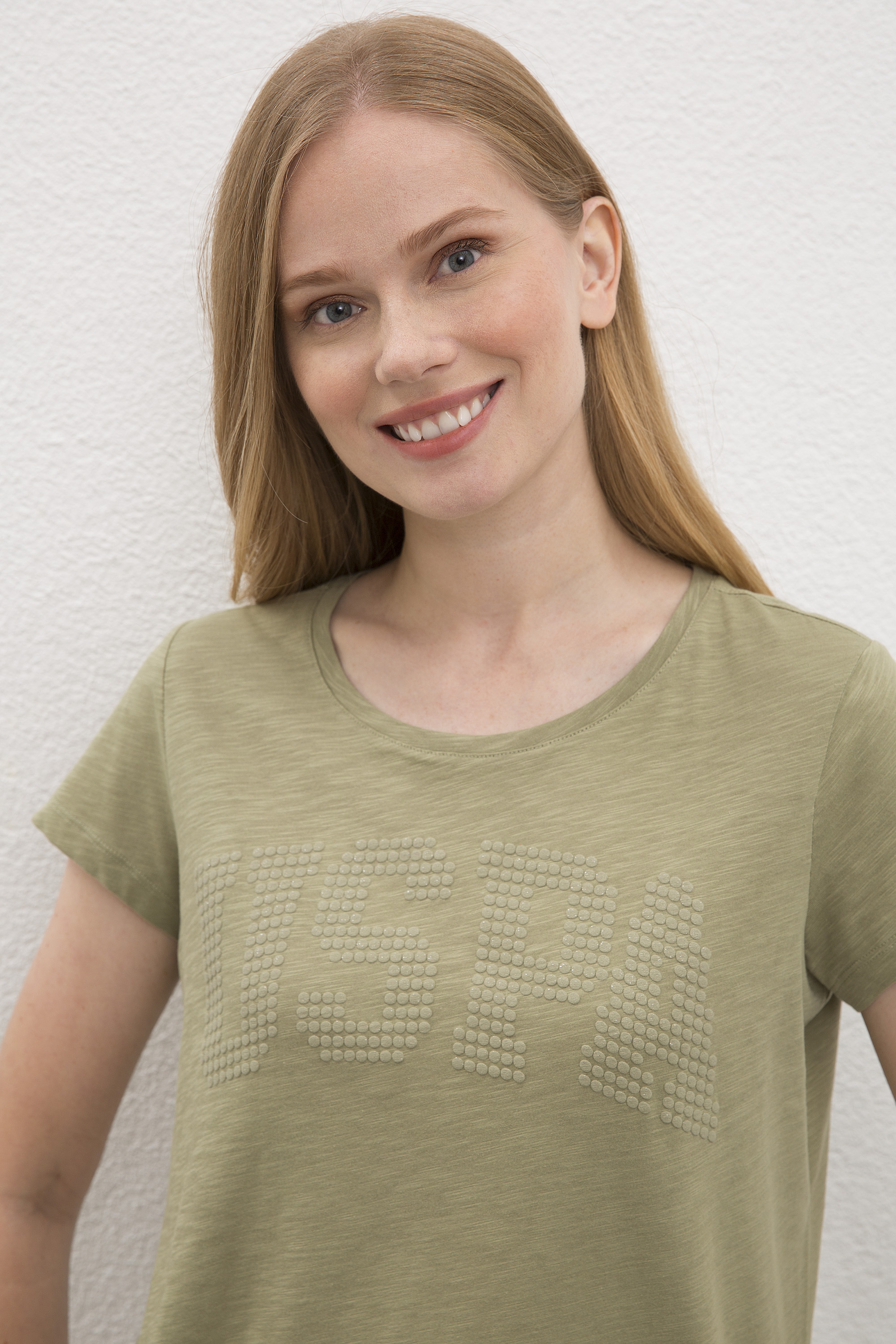 Kadın Haki Bisiklet Yaka T-Shirt