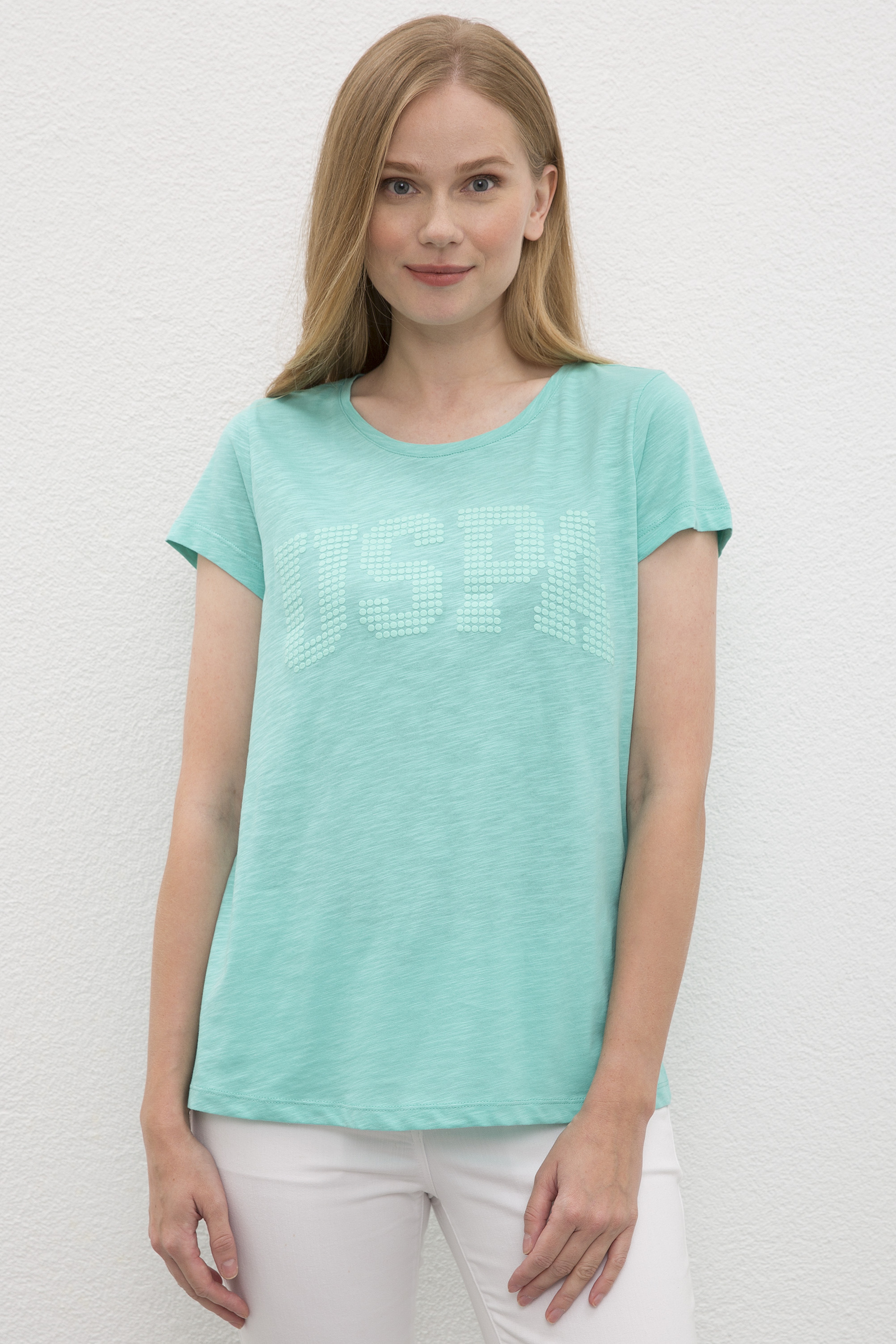 Kadın Mint Yeşili Bisiklet Yaka T-Shirt - Image 1