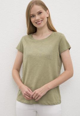 Kadın Haki Bisiklet Yaka T-Shirt - 50219882055