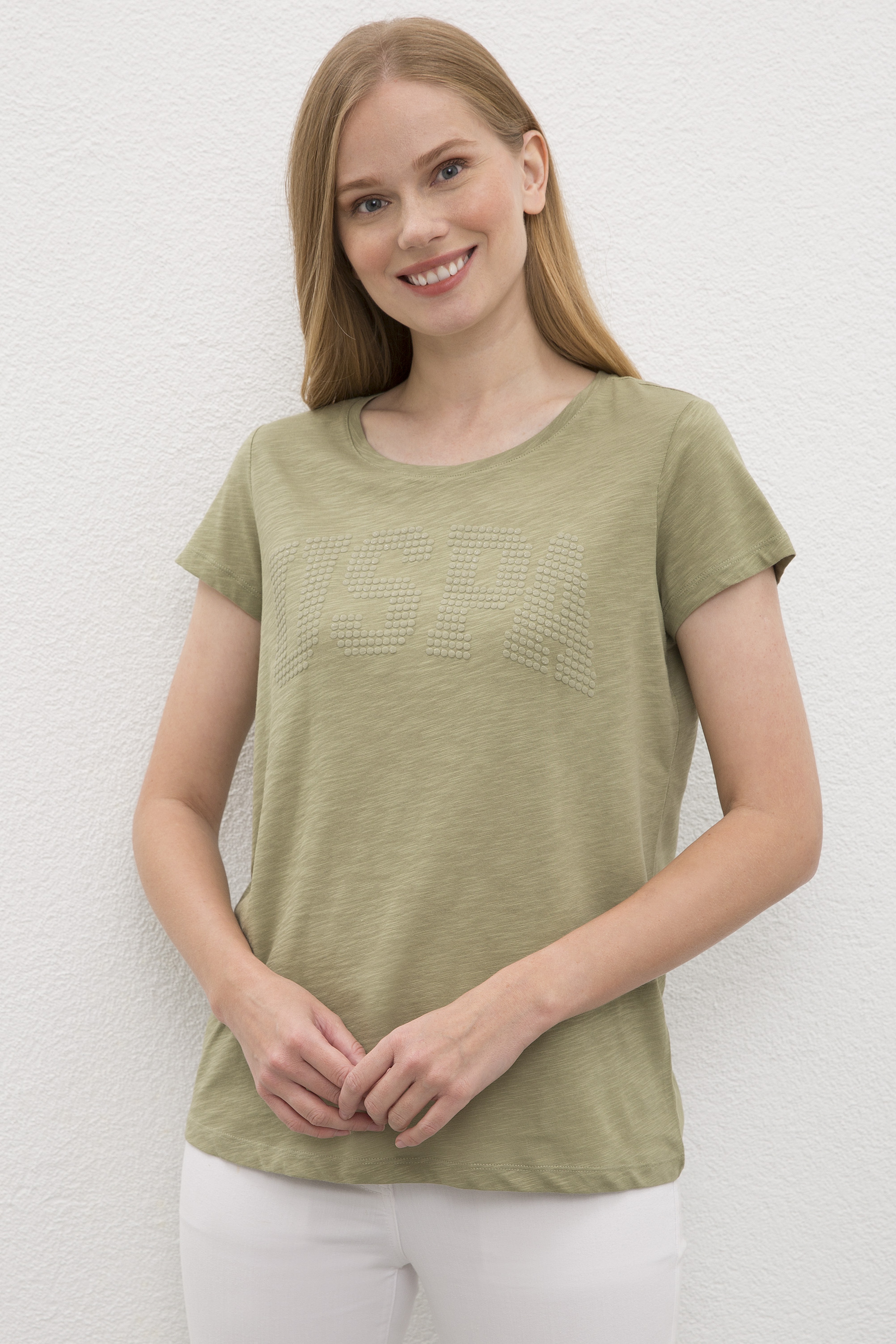 Kadın Haki Bisiklet Yaka T-Shirt - Image 1