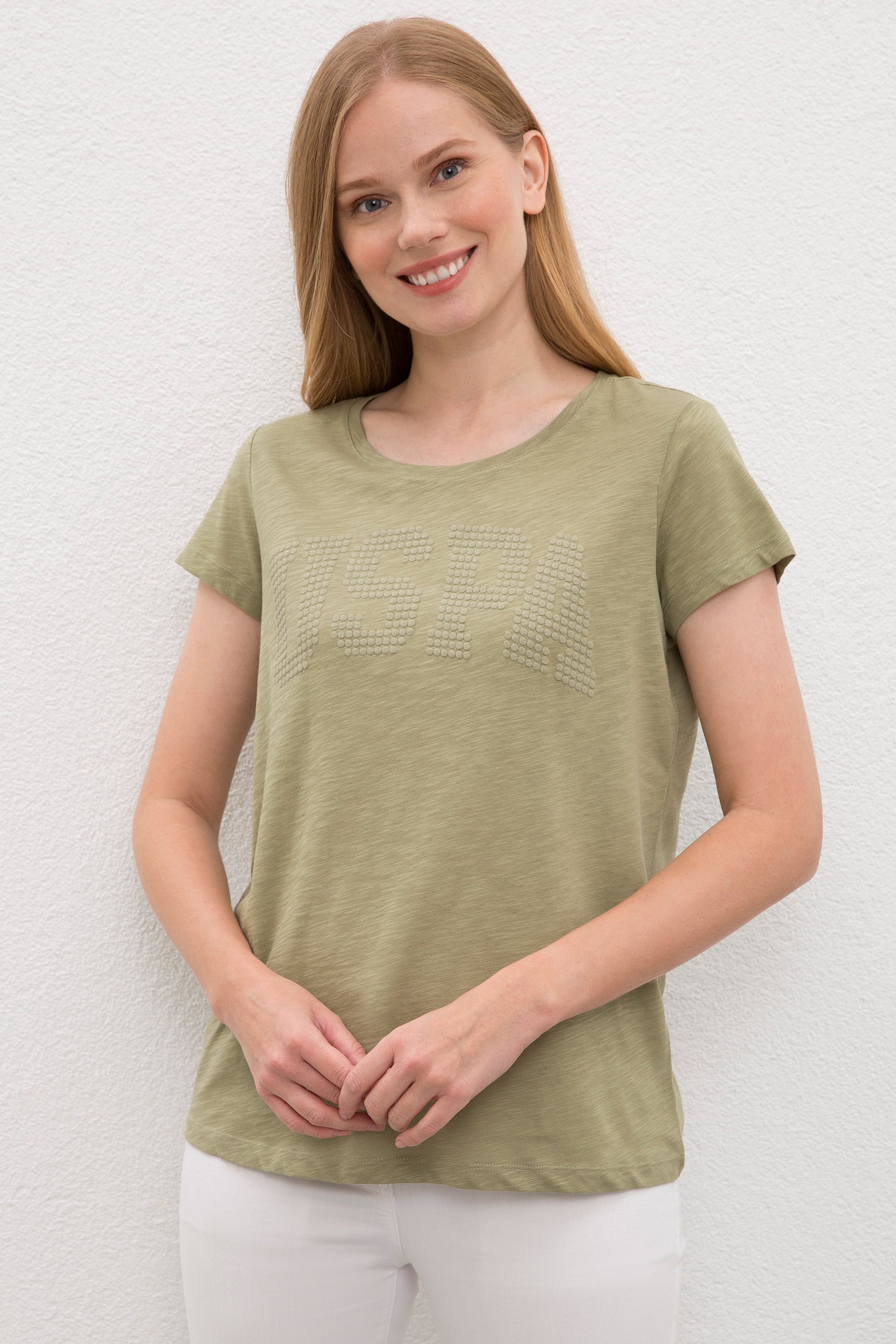 Kadın Haki Bisiklet Yaka T-Shirt