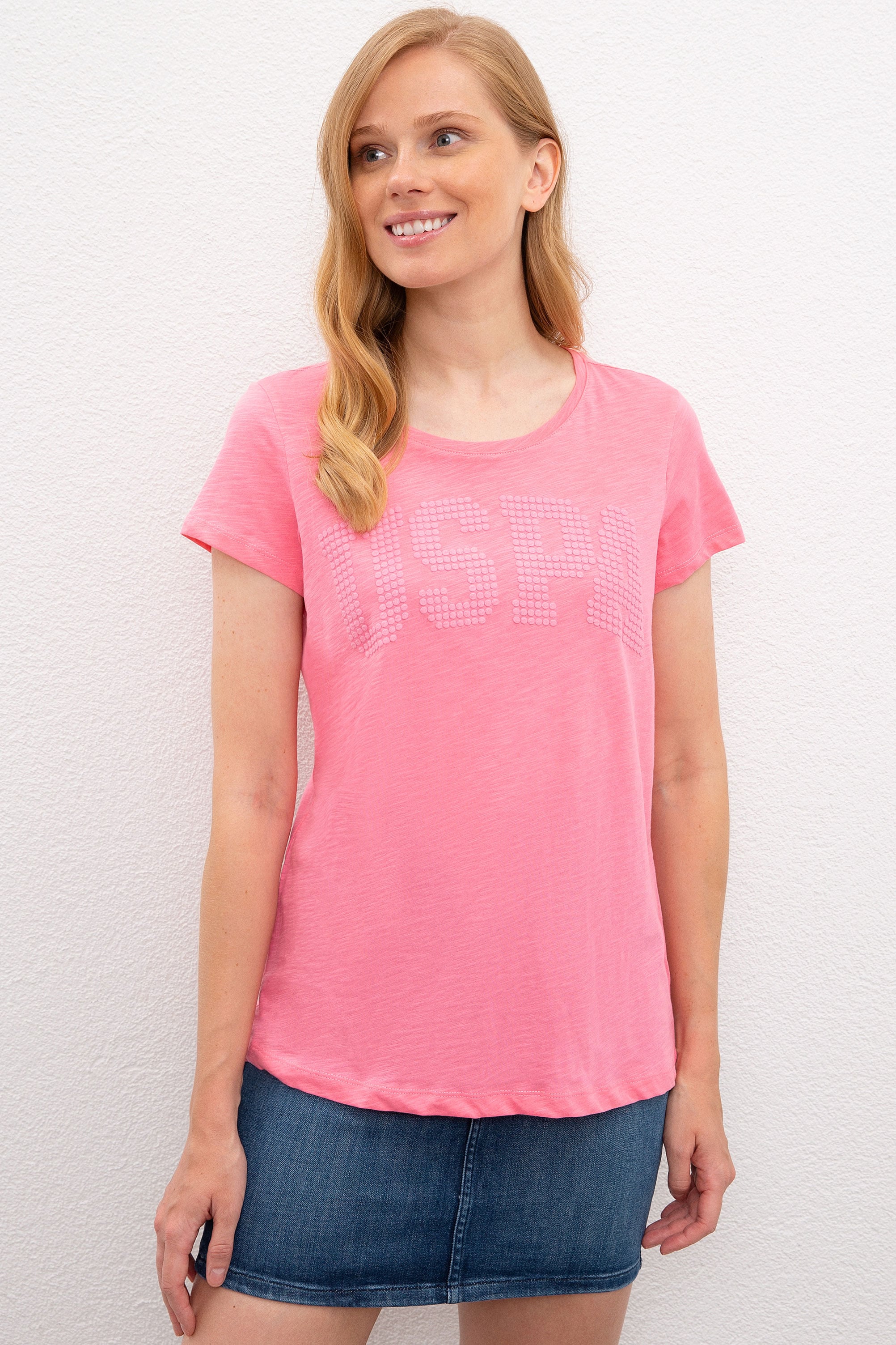 Kadın Pembe Bisiklet Yaka T-Shirt