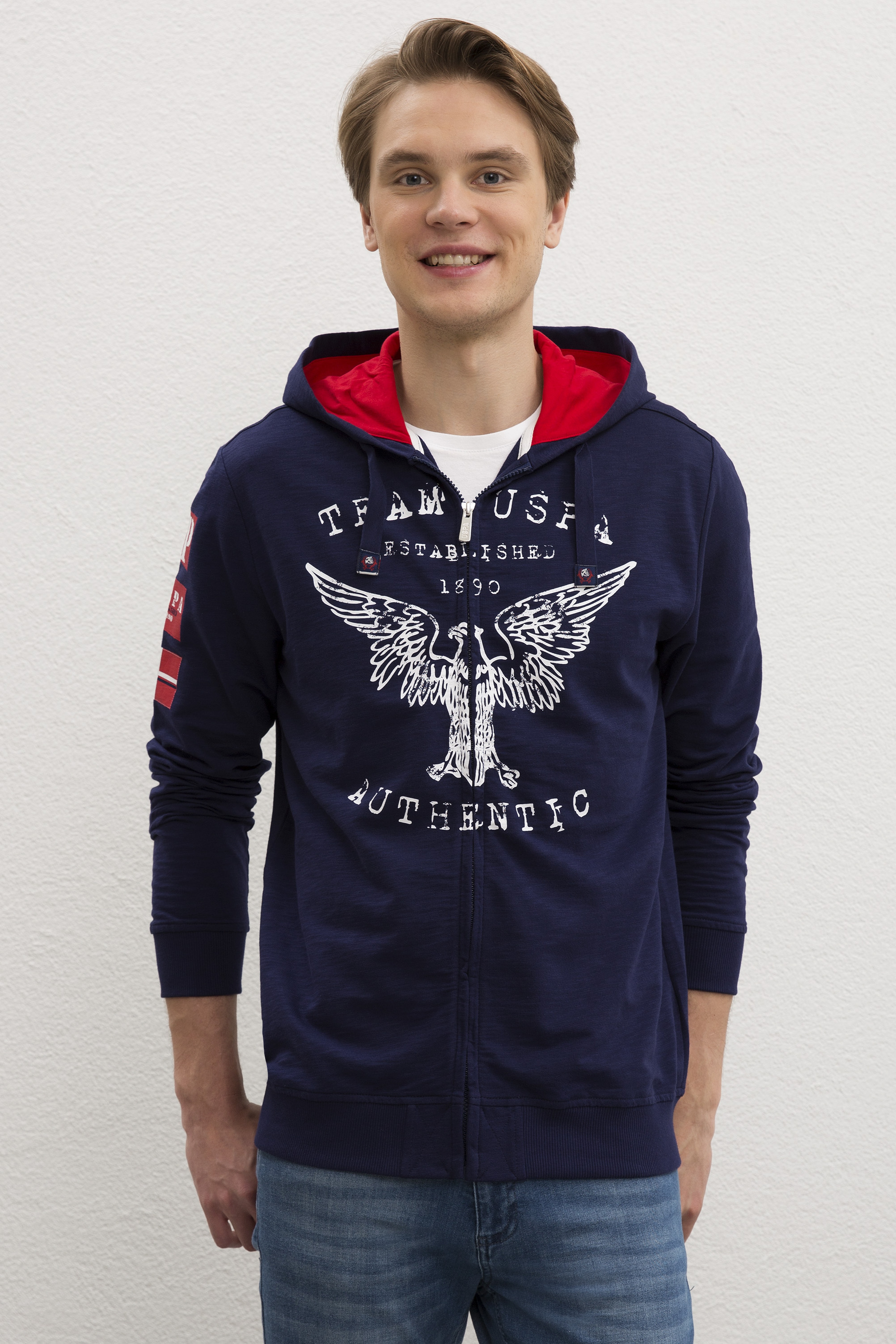 Erkek Lacivert Kapüşonlu Fermuarlı Sweatshirt - Image 1