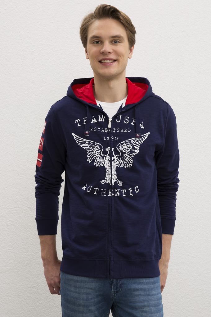 Erkek Lacivert Kapüşonlu Fermuarlı Sweatshirt