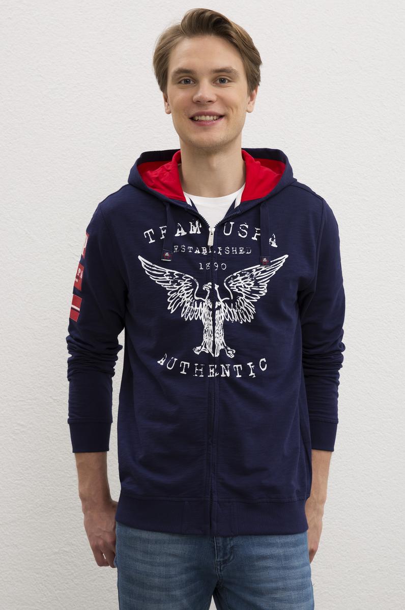 Erkek Lacivert Kapüşonlu Fermuarlı Sweatshirt