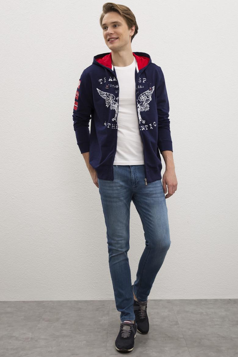 Erkek Lacivert Kapüşonlu Fermuarlı Sweatshirt - 50220451028