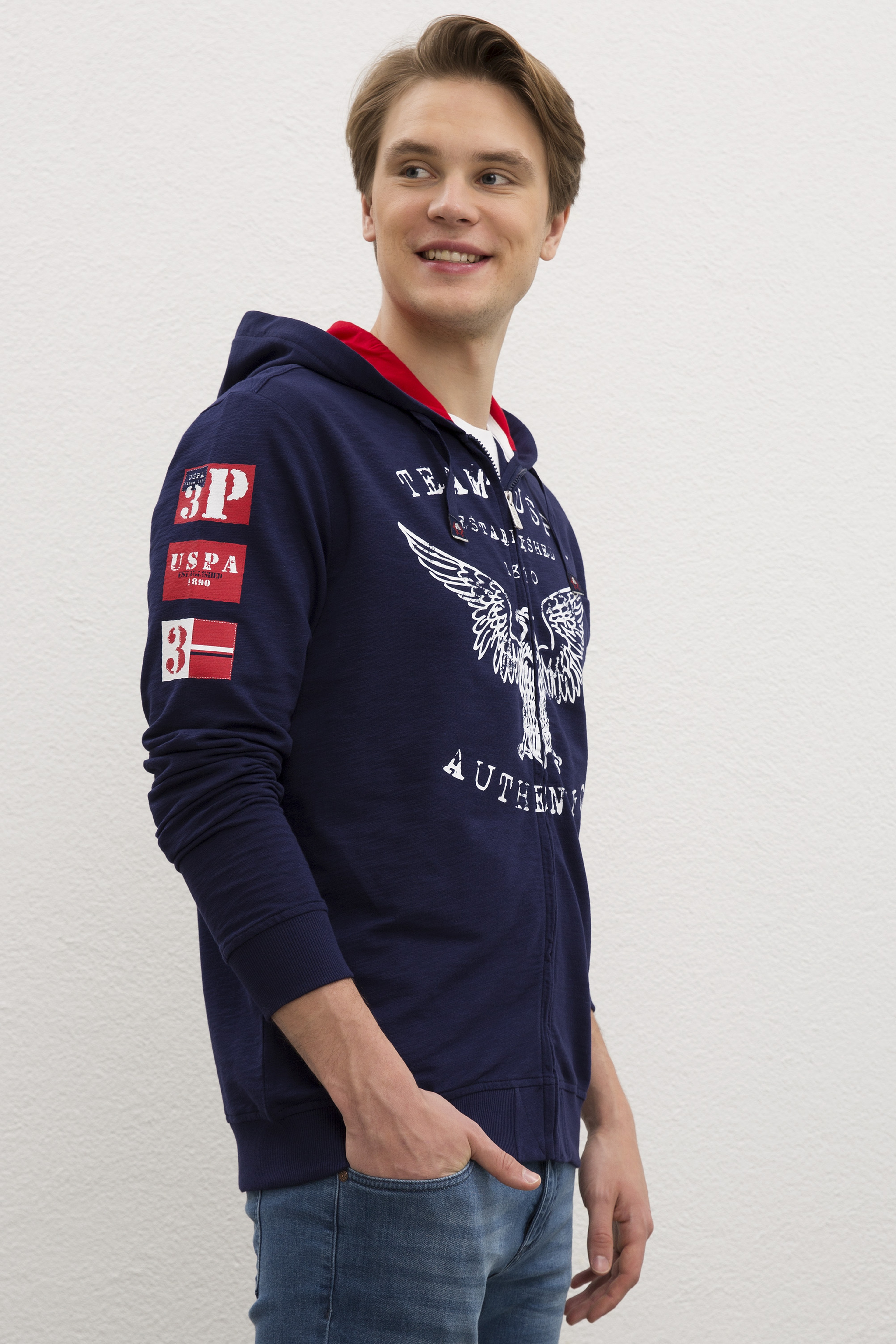 Erkek Lacivert Kapüşonlu Fermuarlı Sweatshirt - Image 3