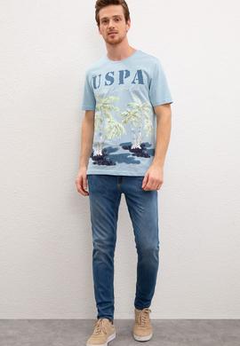 Erkek Açık İndigo Bisiklet Yaka T-Shirt - 50220549016