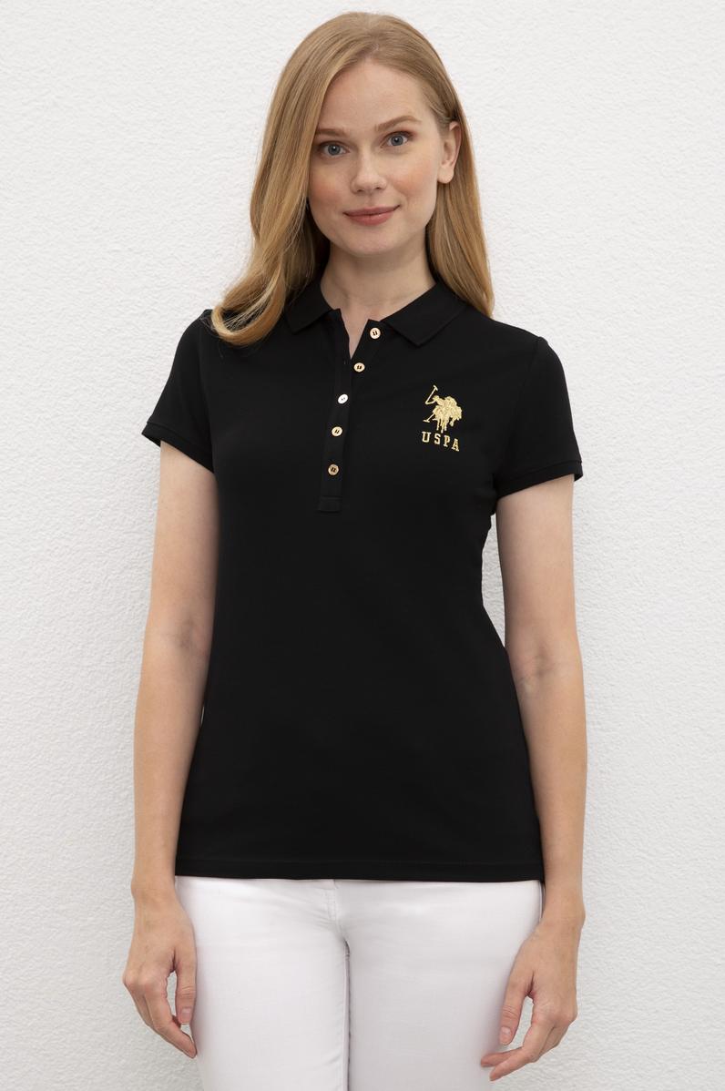 Kadın Siyah Polo Yaka T-Shirt Basic