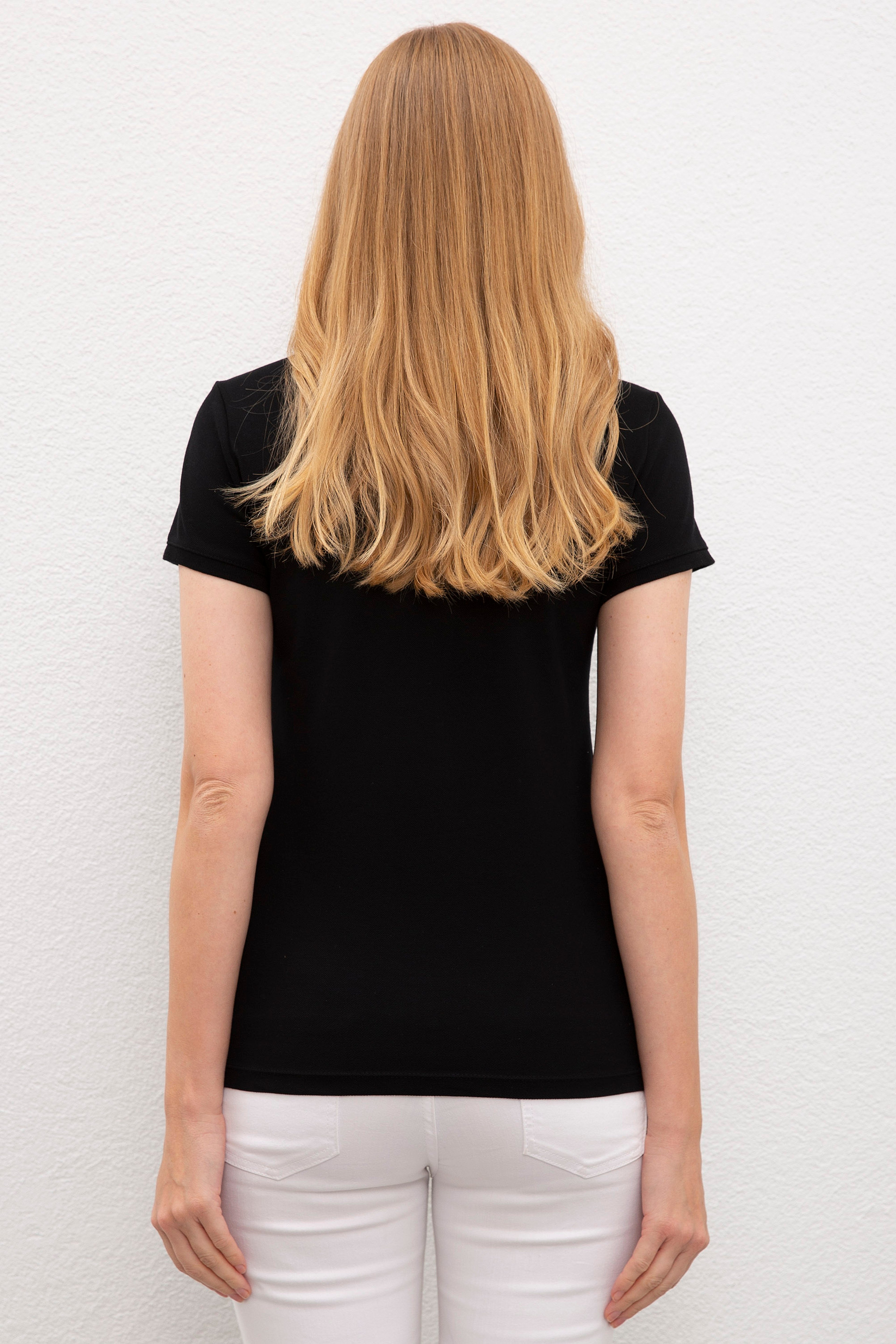 Kadın Siyah Polo Yaka T-Shirt Basic - Image 3