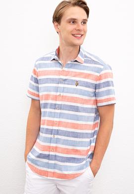 Erkek Kırmızı Mavi Yatay Çizgili Gömlek Kısakol - 50218433014