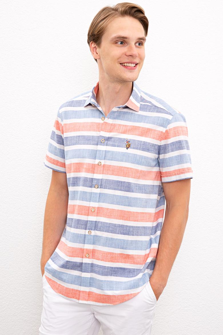 Erkek Kırmızı Mavi Yatay Çizgili Gömlek Kısakol