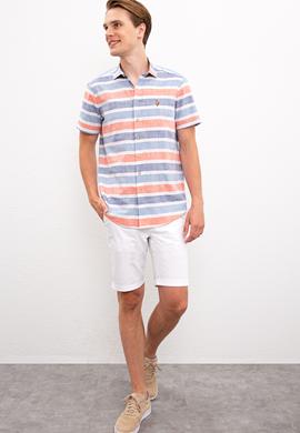 Erkek Kırmızı Mavi Yatay Çizgili Gömlek Kısakol - 50218433014