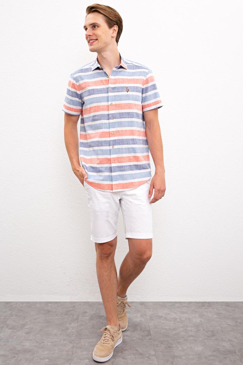 Erkek Kırmızı Mavi Yatay Çizgili Gömlek Kısakol - 50218433014
