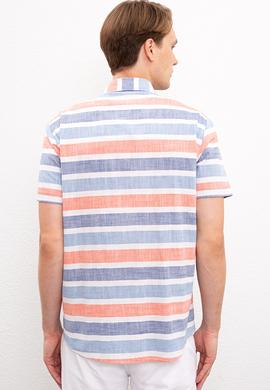 Erkek Kırmızı Mavi Yatay Çizgili Gömlek Kısakol - 50218433014