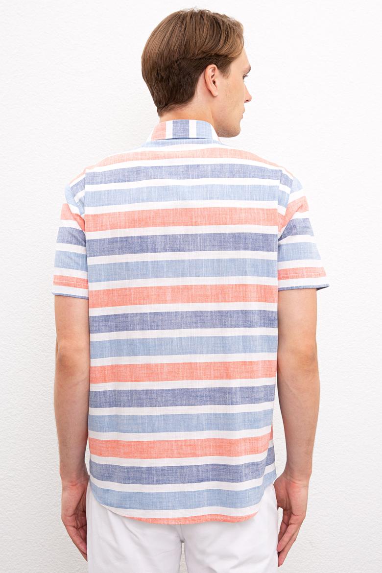 Erkek Kırmızı Mavi Yatay Çizgili Gömlek Kısakol - 50218433014