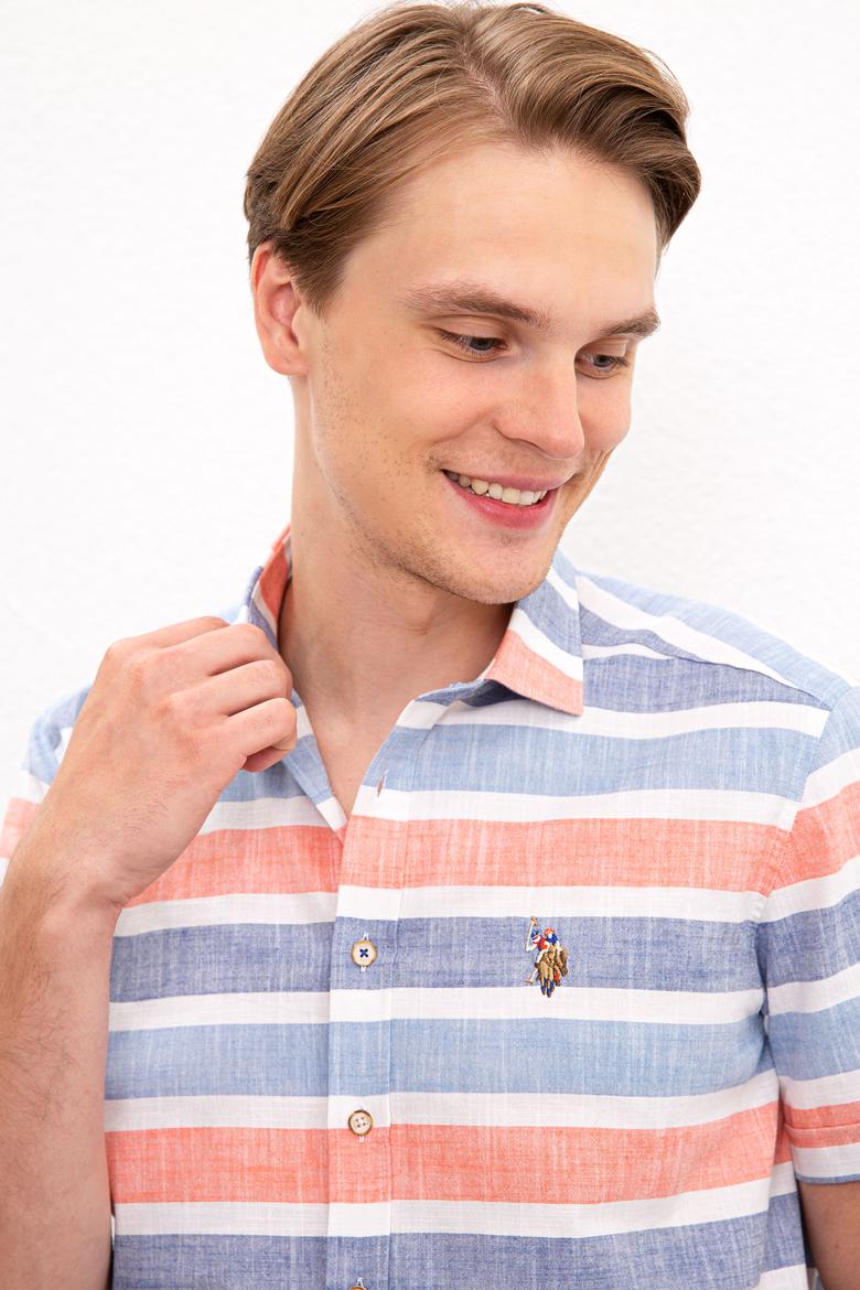 Erkek Kırmızı Mavi Yatay Çizgili Gömlek Kısakol - 50218433014