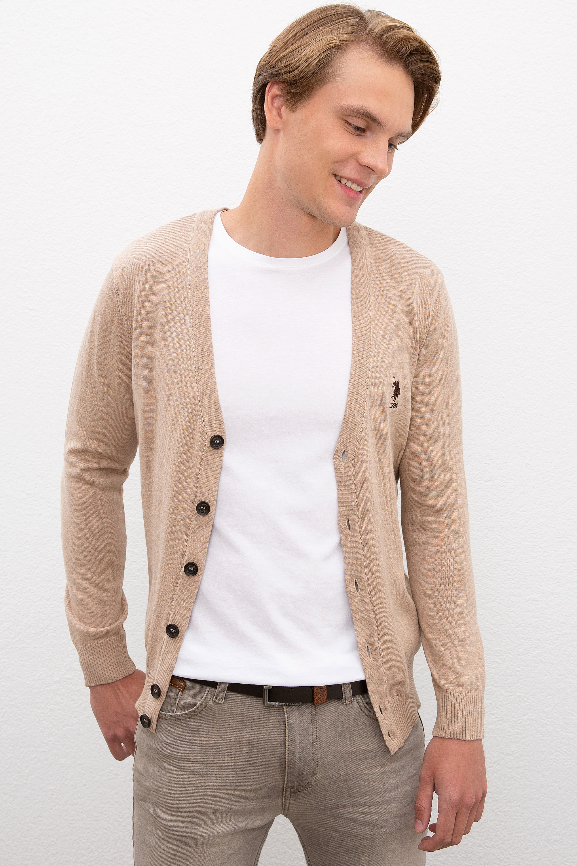 Erkek Camel Melanj Triko Hırka Basic - Image 1