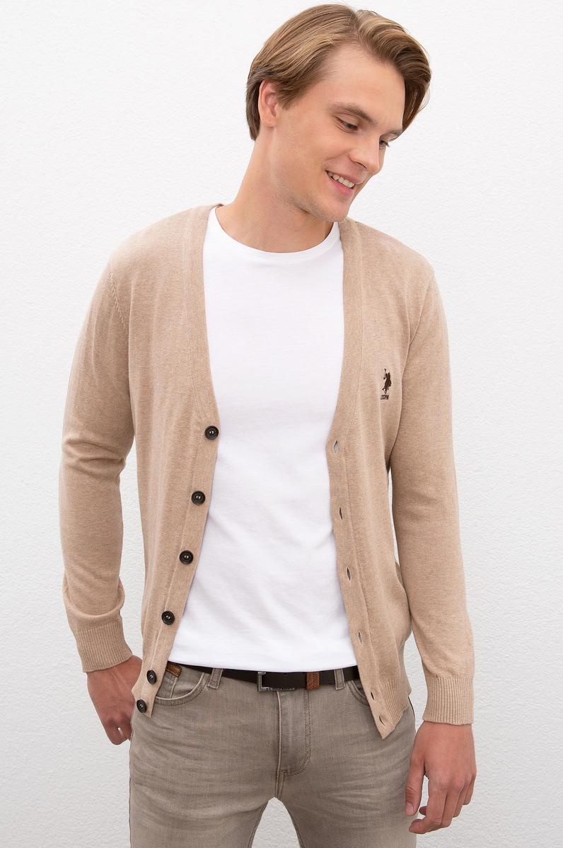 Erkek Camel Melanj  Triko Hırka Basic