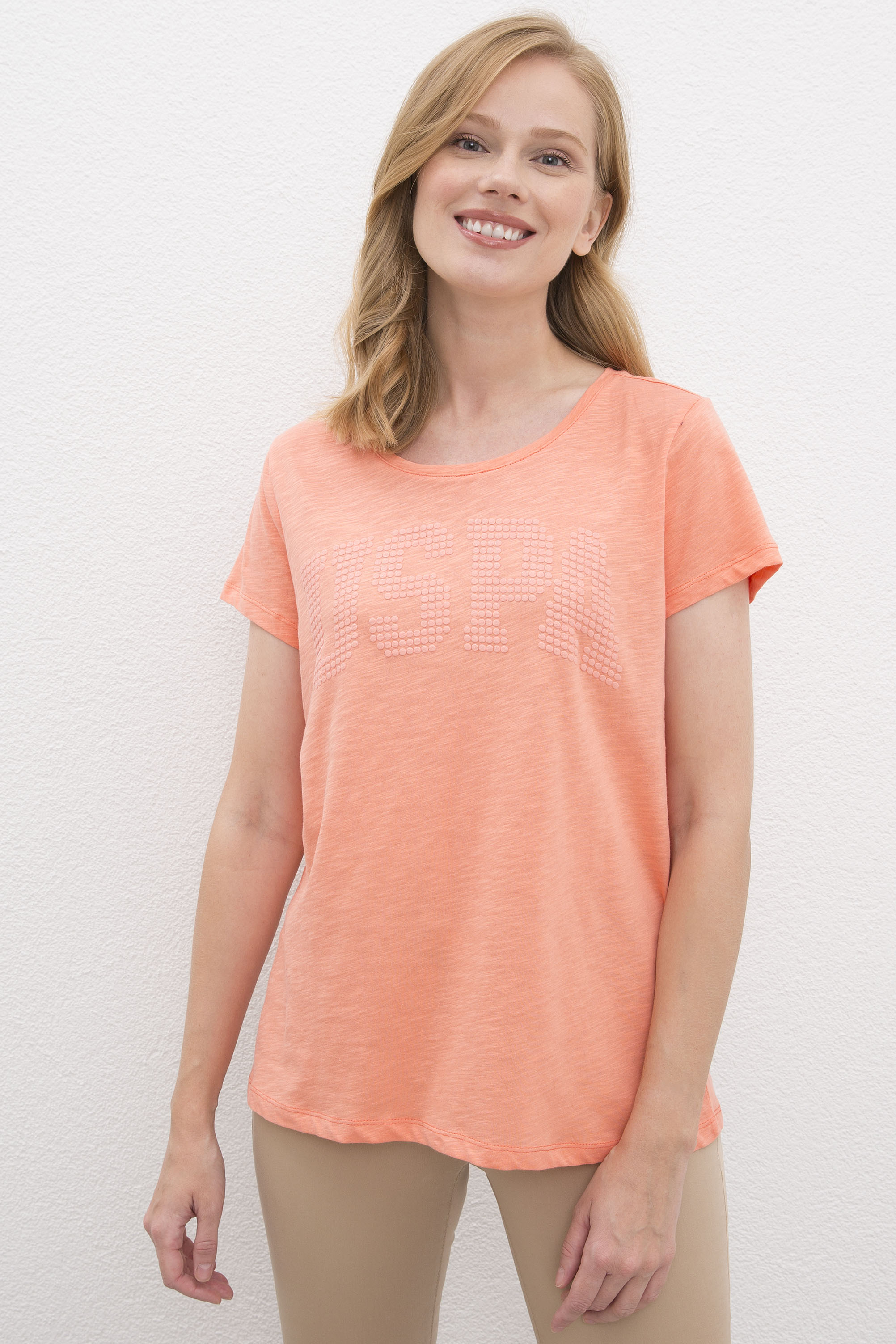 Kadın Somon Bisiklet Yaka T-Shirt - Image 1
