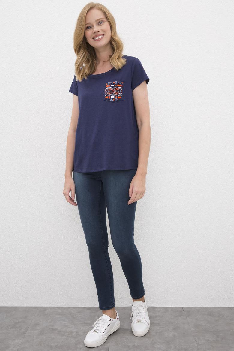 Kadın Lacivert Bisiklet Yaka T-Shirt - 50225585005