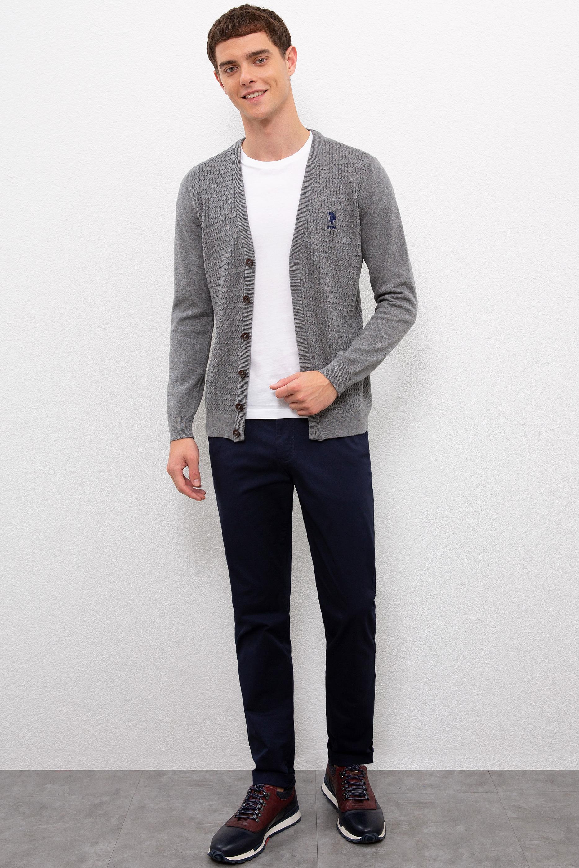 Erkek Gri Melanj  Triko Hırka Basic