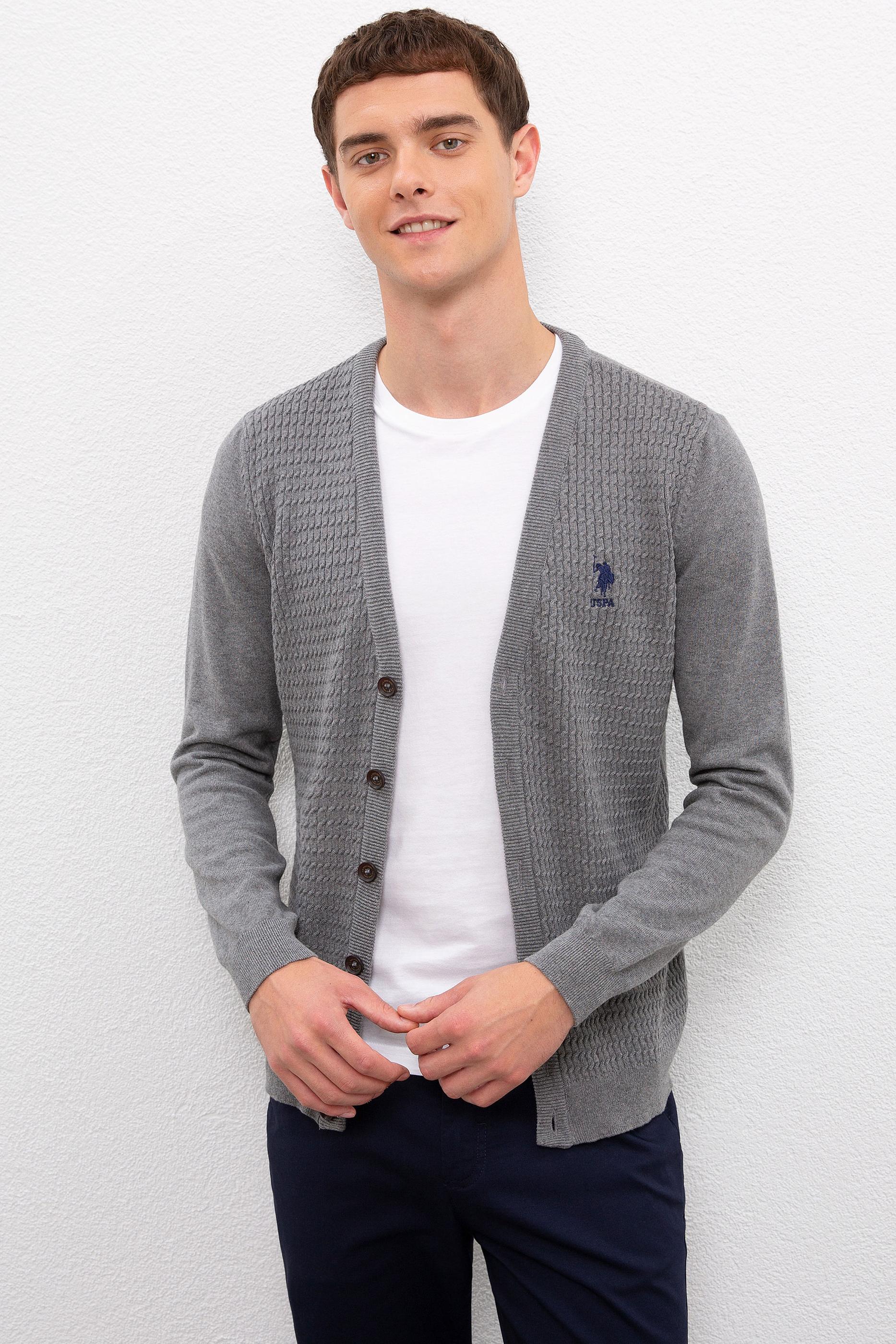 Erkek Gri Melanj  Triko Hırka Basic