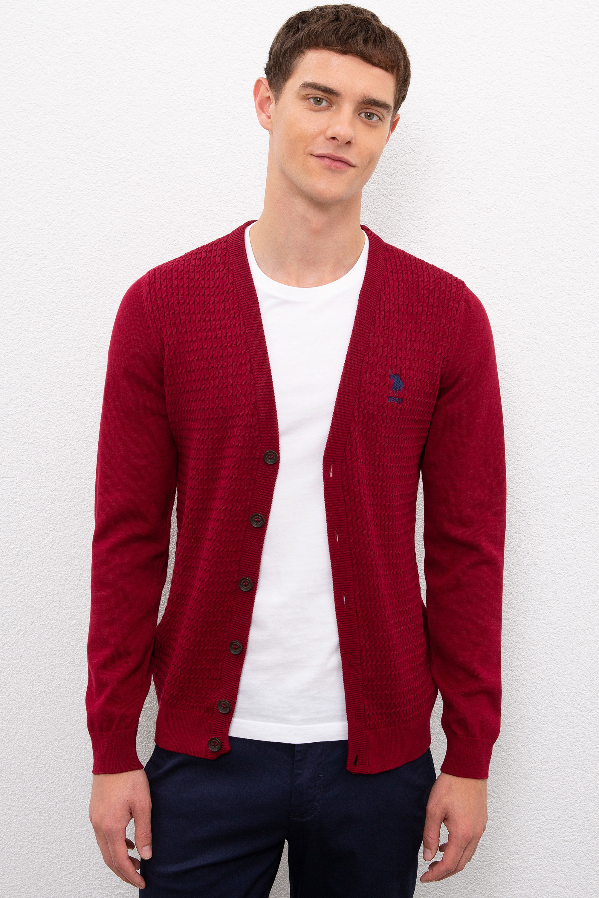 Erkek Bordo  Triko Hırka Basic - Image 1