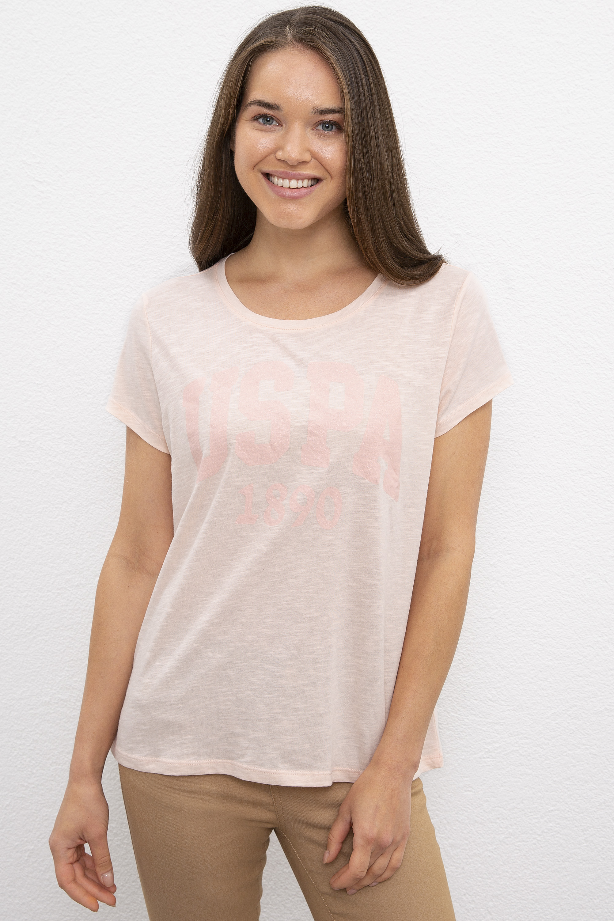 Kadın Pembe Bisiklet Yaka T-Shirt - Image 1
