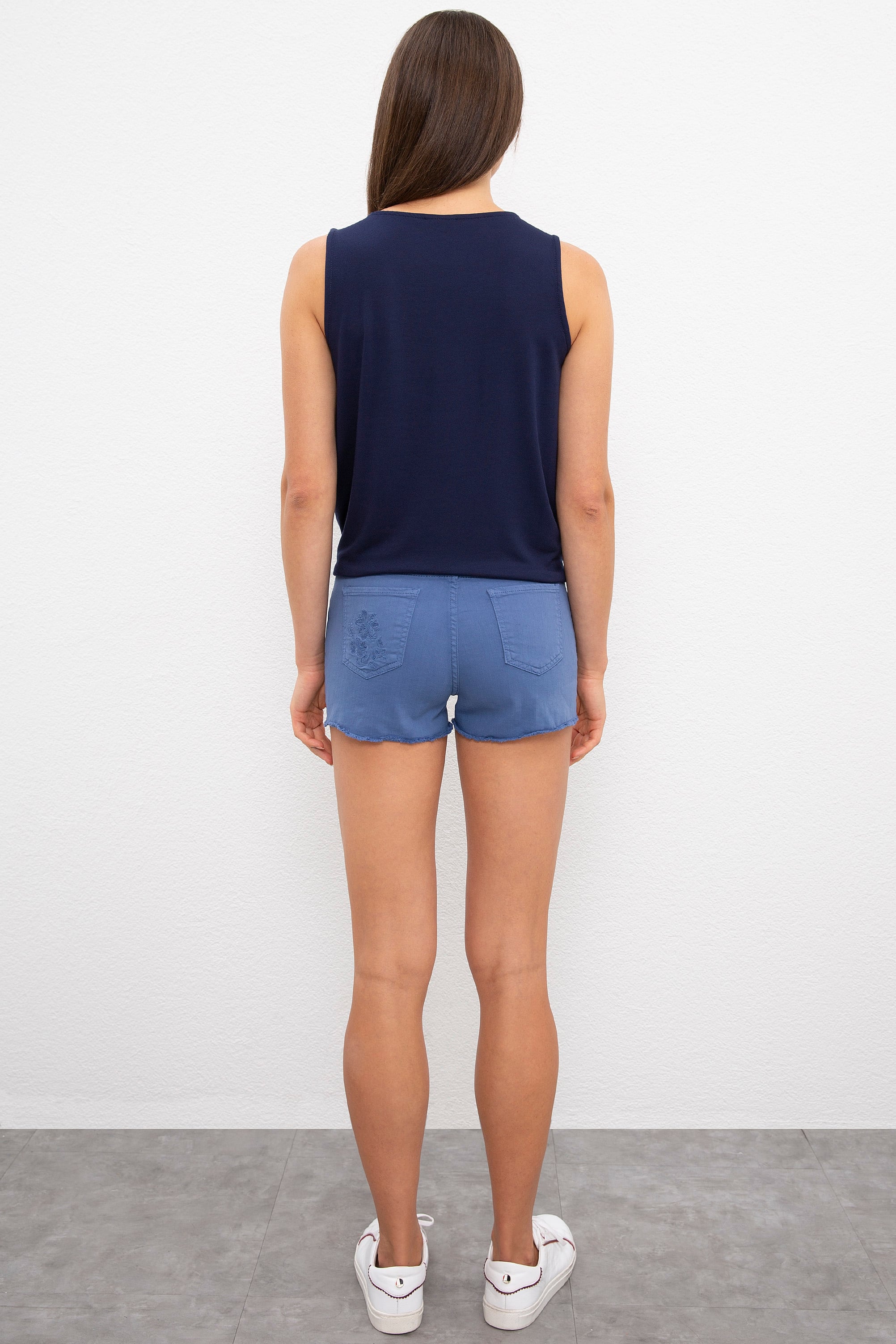 Kadın Mavi Dokuma Bermuda Capri