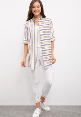 Kadın Yeşil Çizgili Gömlek Uzunkol - 50218853003