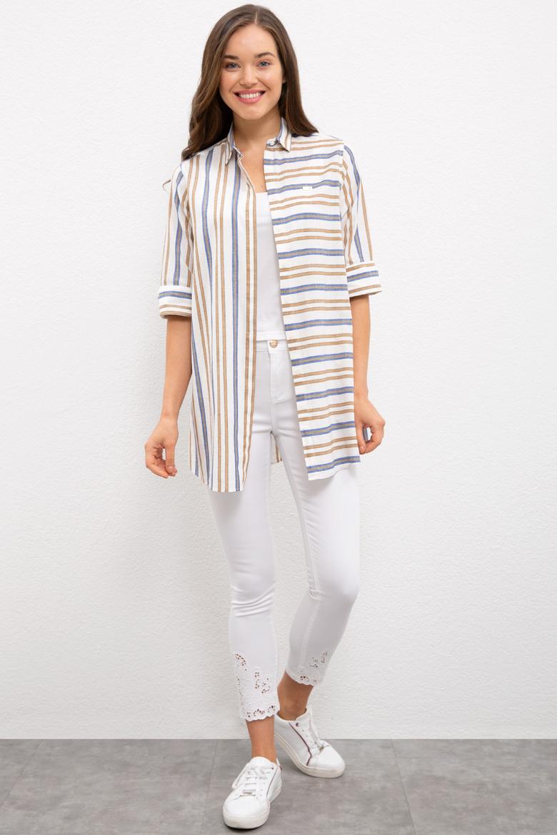 Kadın Yeşil Çizgili Gömlek Uzunkol - 50218853003