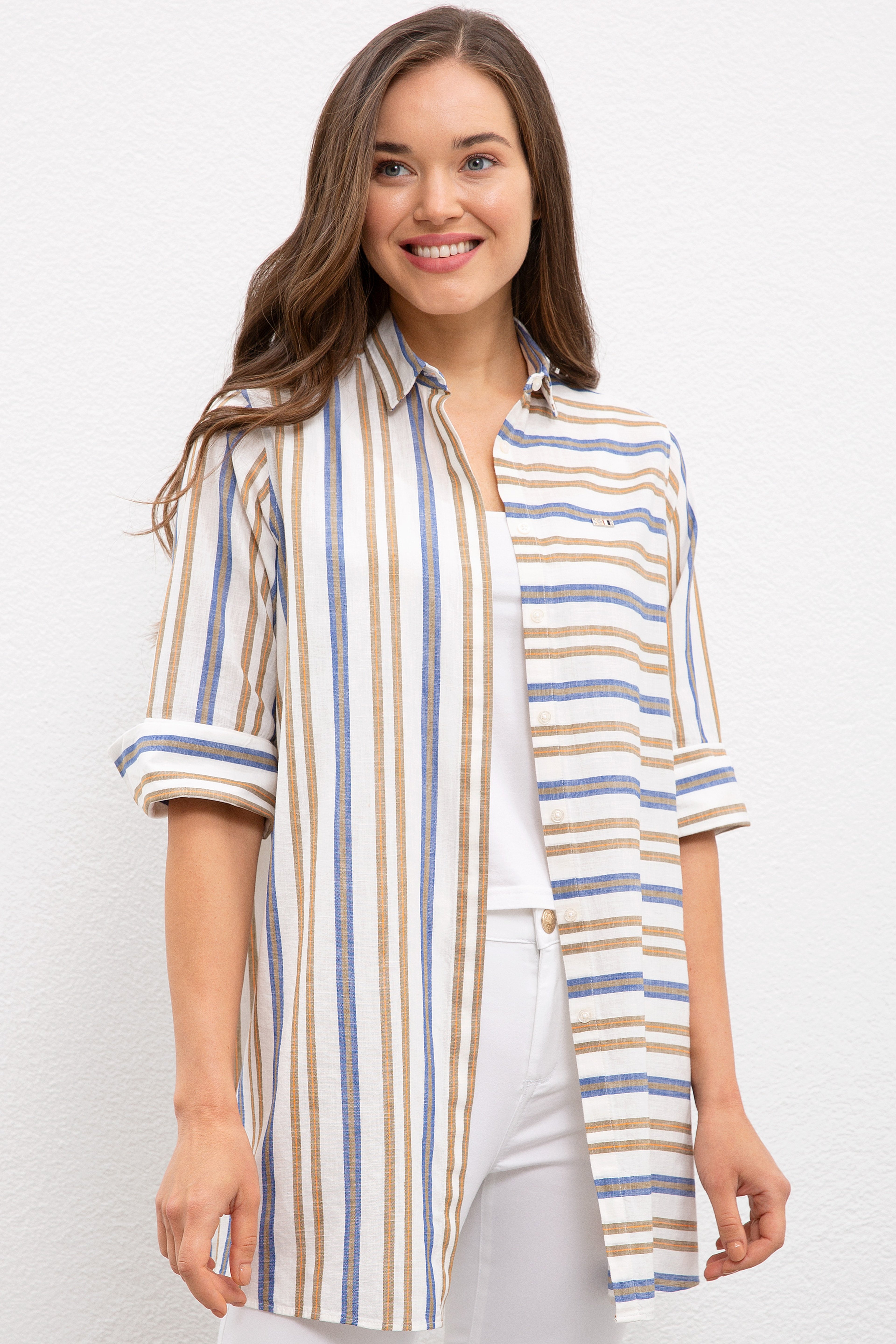 Kadın Yeşil Çizgili Gömlek Uzunkol - Image 1