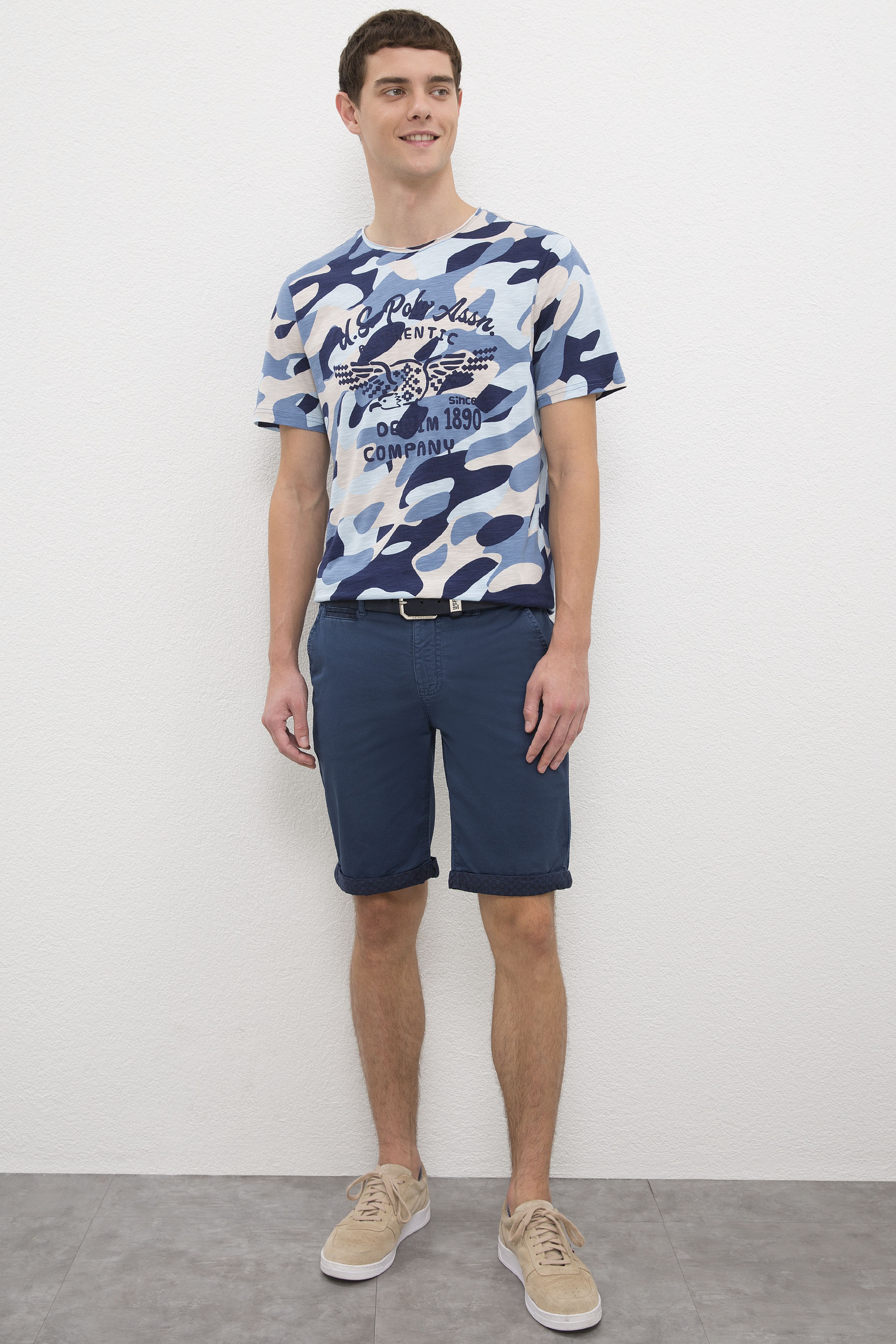 Erkek Mavi Dokuma Bermuda Capri - Image 1