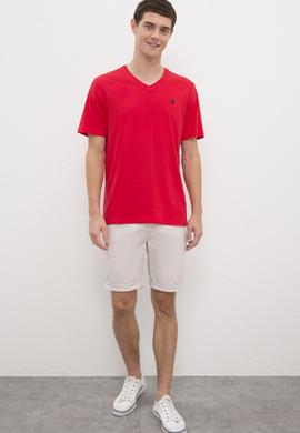 Erkek Kırmızı V-Yaka T-Shirt Basic - 50222610048