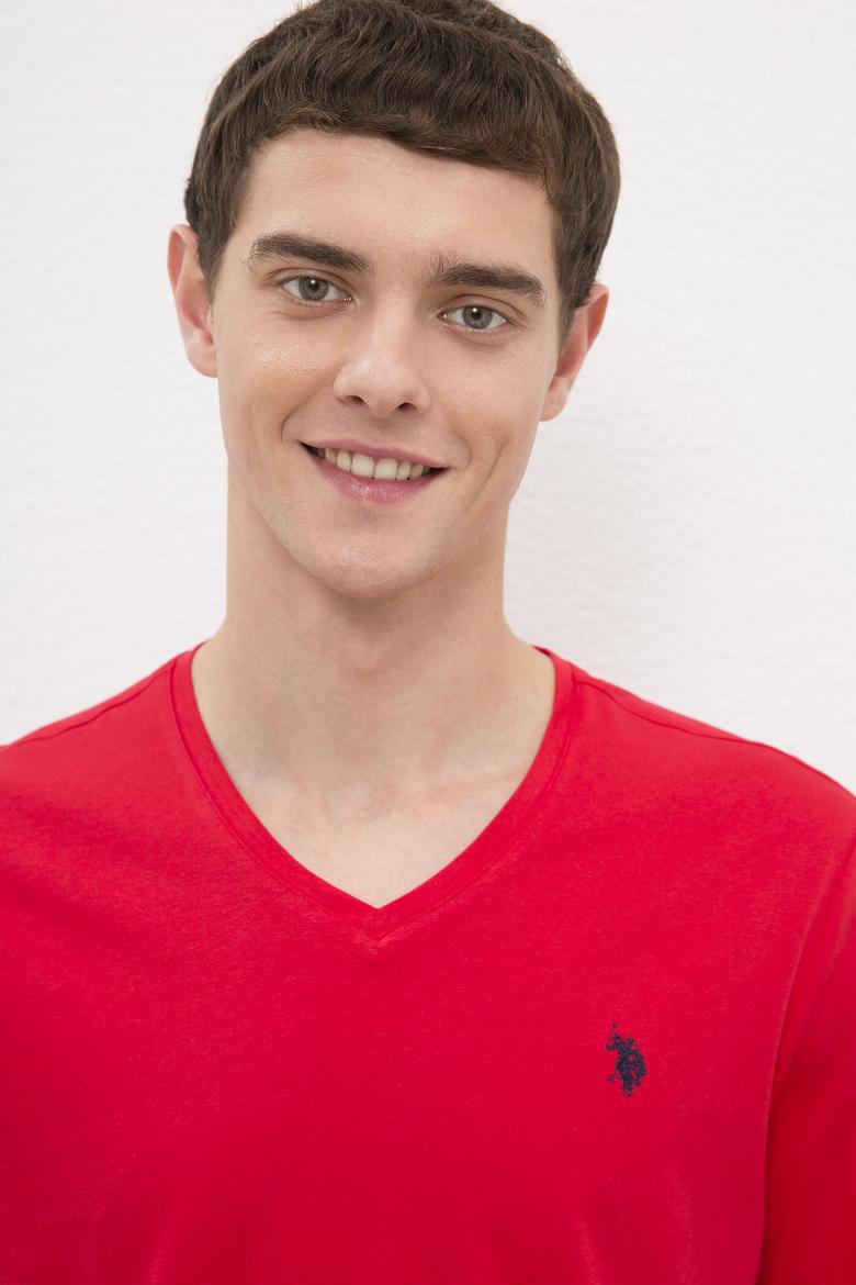 Erkek Kırmızı V-Yaka T-Shirt Basic - 50222610048