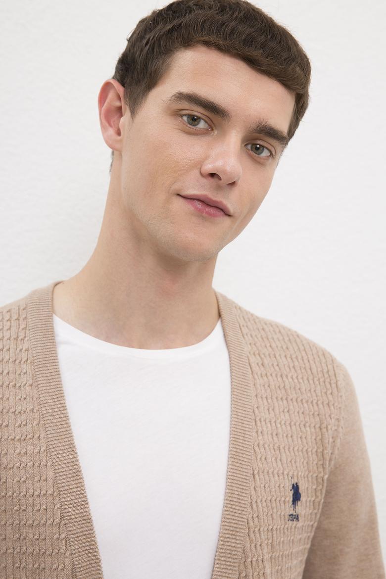 Erkek Camel Melanj V-Yaka Triko Hırka Basic - 50224885045