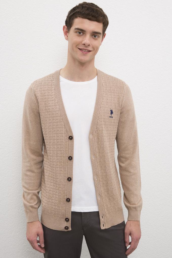 Erkek Camel Melanj V-Yaka Triko Hırka Basic