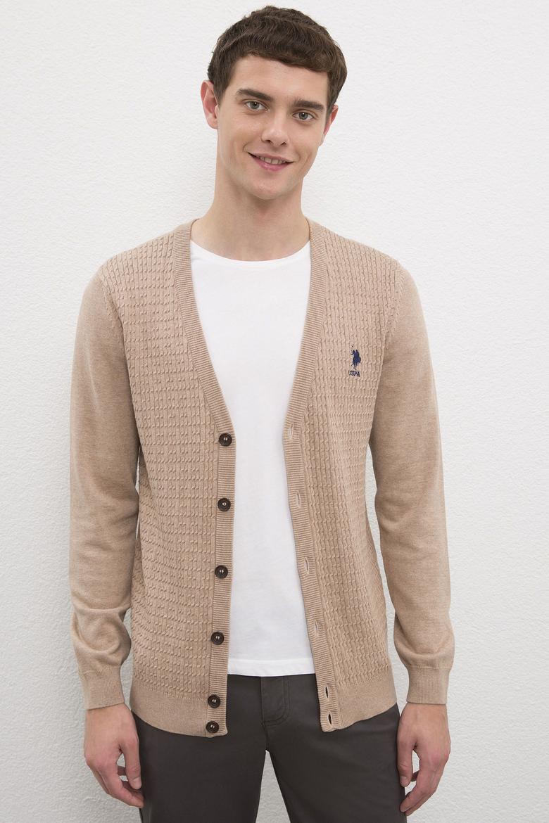 Erkek Camel Melanj V-Yaka Triko Hırka Basic