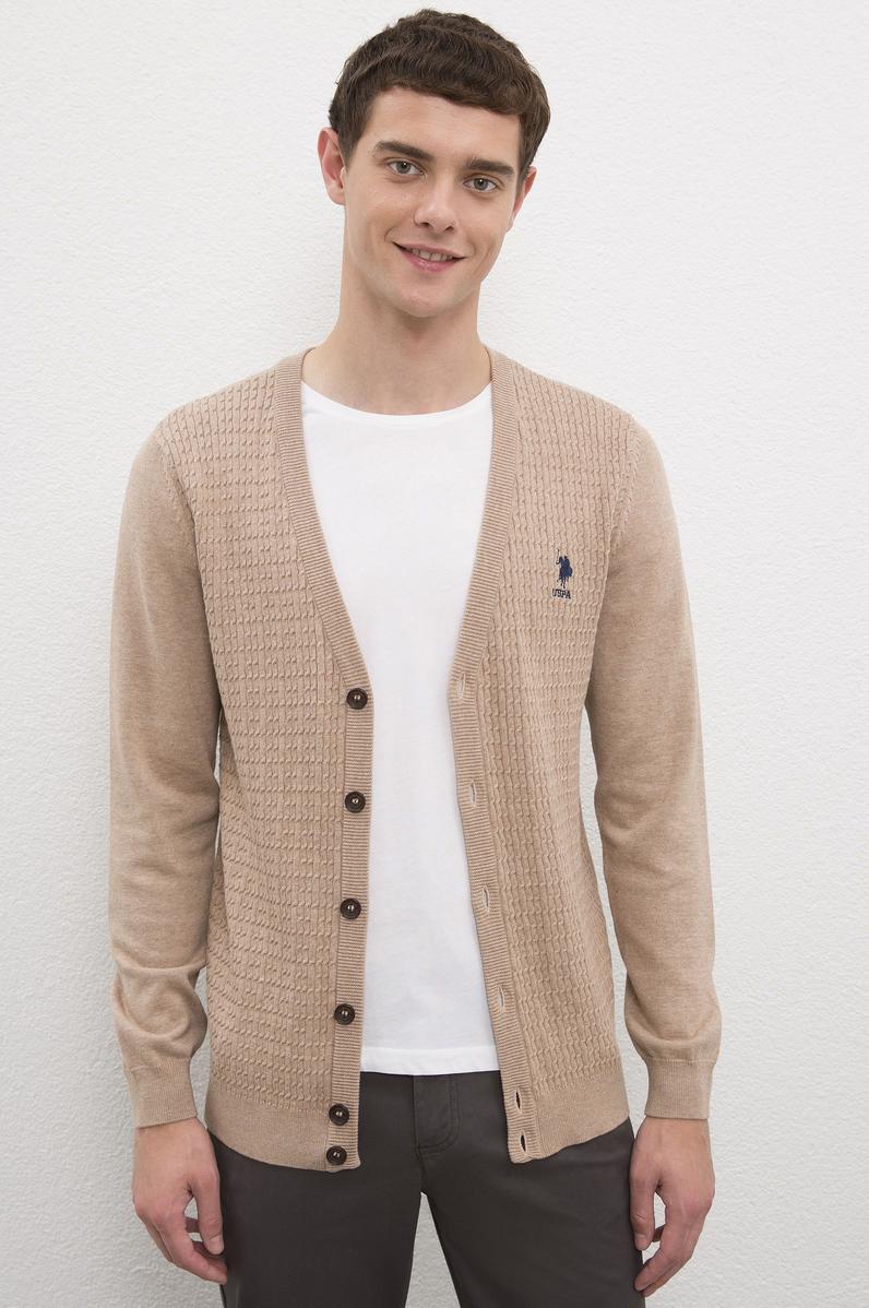 Erkek Camel Melanj V-Yaka Triko Hırka Basic