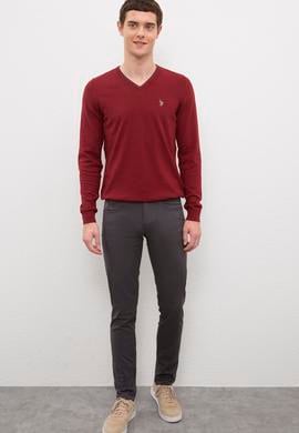 Erkek Bordo V - Yaka Basic Triko Kazak - 50224747028