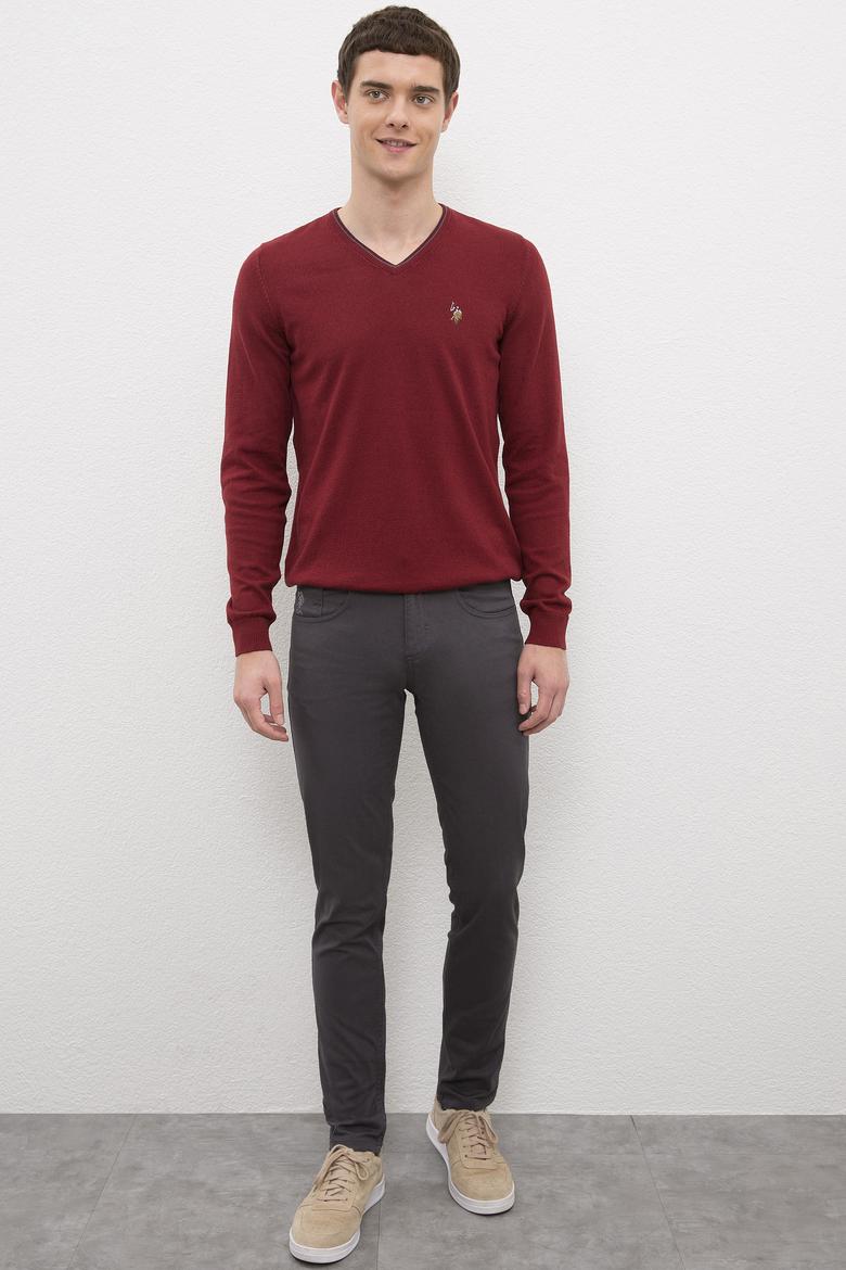 Erkek Bordo V - Yaka Basic Triko Kazak - 50224747028