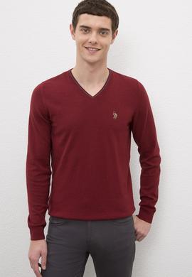 Erkek Bordo V - Yaka Basic Triko Kazak - 50224747028