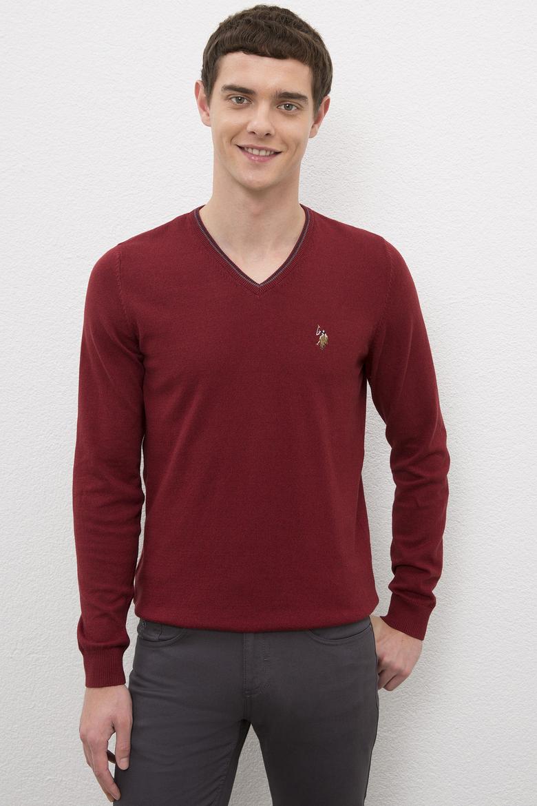 Erkek Bordo V - Yaka Basic Triko Kazak