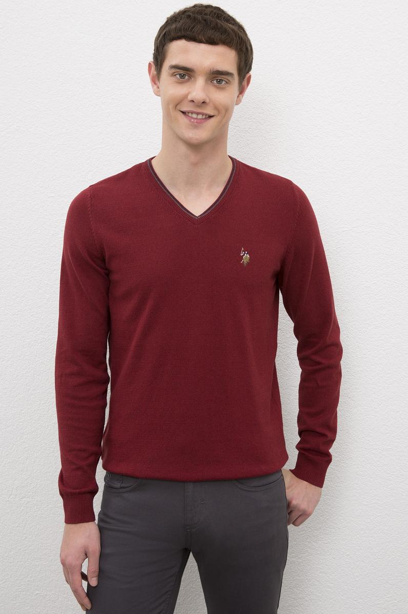 Erkek Bordo V - Yaka Basic Triko Kazak