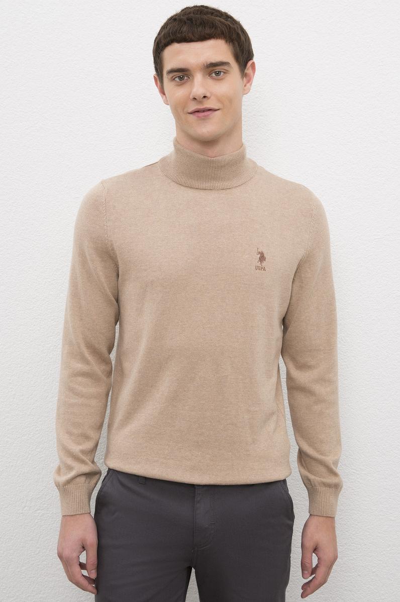 Erkek Camel Melanj Balıkçı Yaka Triko Kazak Basic