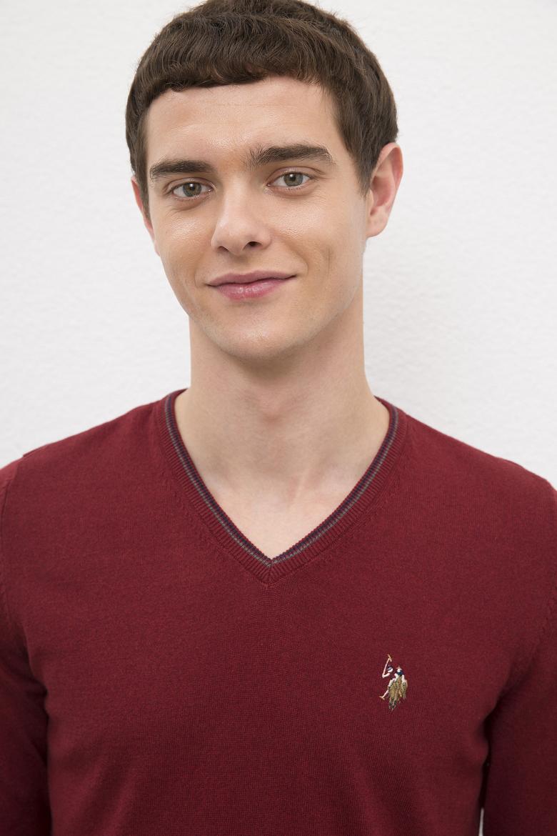 Erkek Bordo V - Yaka Basic Triko Kazak - 50224747028