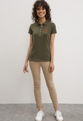 Kadın Koyu Haki Basic Polo Yaka Tişört - 50217591019