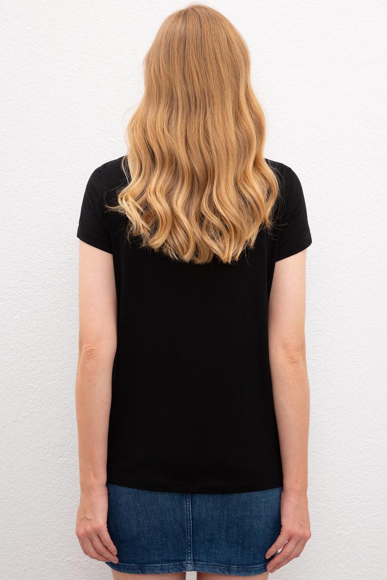 Kadın Siyah Bisiklet Yaka T-Shirt - 50219882060